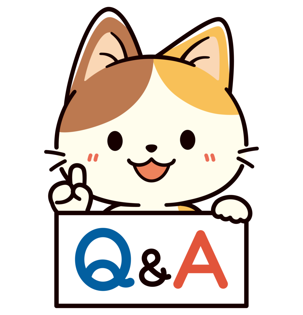 疑問と答えの意味の「Q＆A」の札を持ったかわいい三毛猫のイラスト