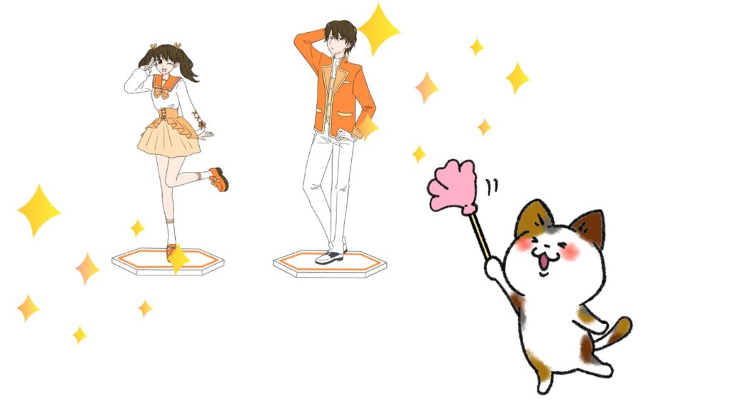 アニメグッズを売るので、フィギュアのほこりをハタキで取っている猫