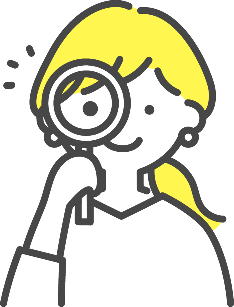 虫眼鏡で1番くじのグッズのキズのチェックをする女性のイラスト