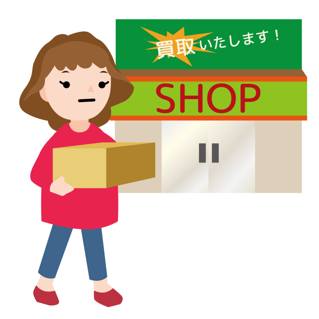 店舗へ売りたいグッズの入った段ボールを持ち込もうとしている女性