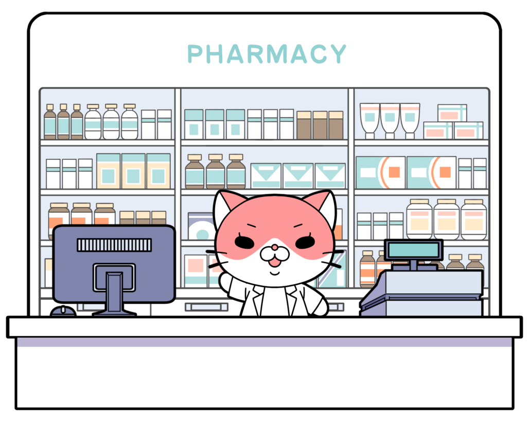 ドラッグストアにかわいい猫の薬剤師がいる