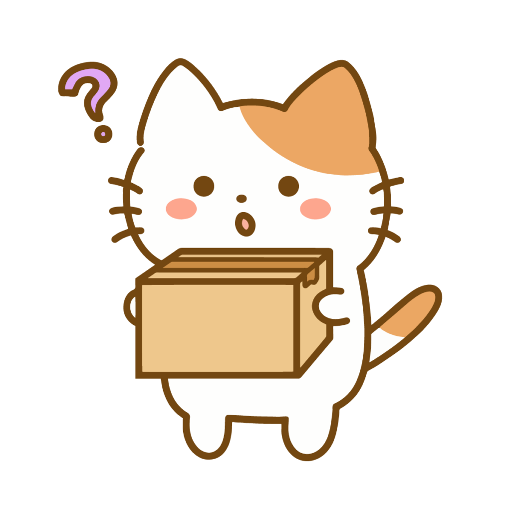 はてなマークがでているかわいい猫が売りたいアニメグッズの入った段ボールを持っている