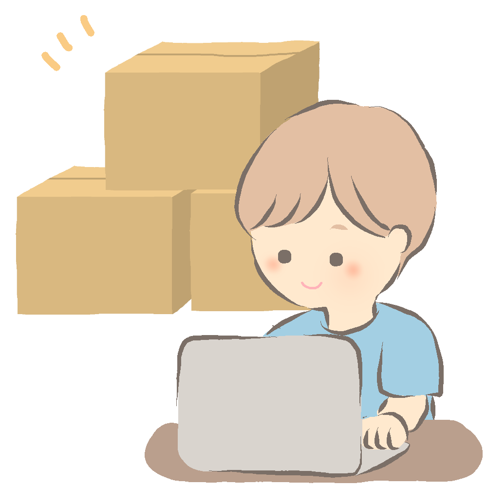 トランクルームに預けるダンボールとパソコンでトランクルームを探す男性