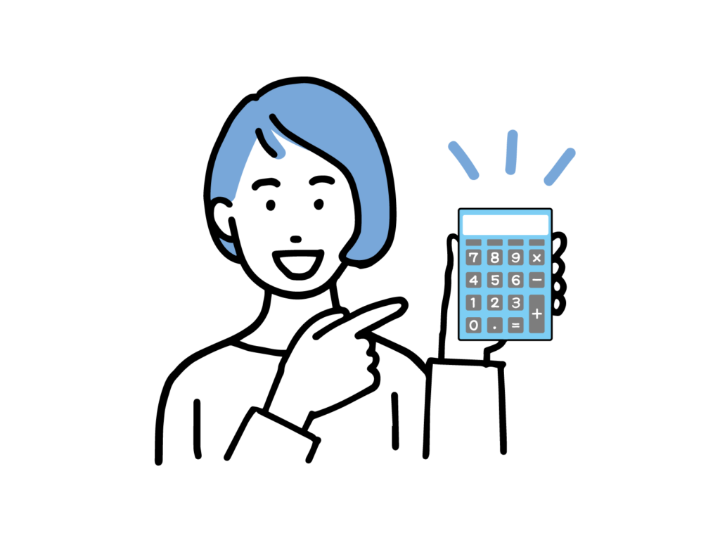 解約時の費用がかからないことを電卓で強調する女性