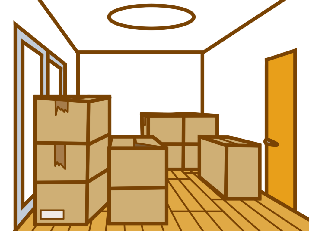 引越し後にたくさんの収納できない荷物があって山になっている部屋