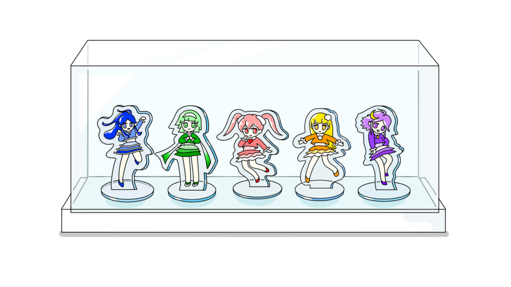 アクスタのシリーズをまとめてコレクションケースにディスプレイしている