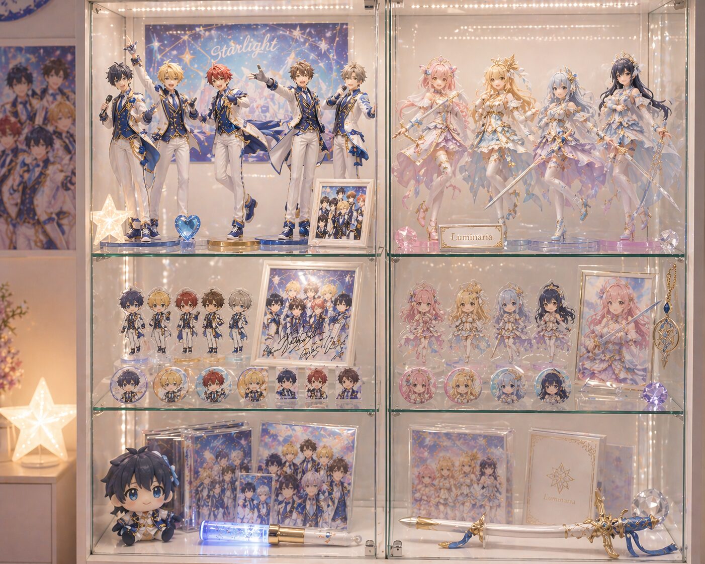 カッコいい男性アイドルとかわいい女性アイドルのフィギュアをコレクションケースへディスプレイしてる様子