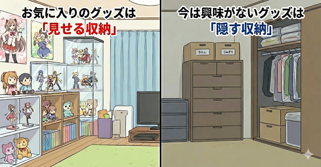 見せる収納と隠す収納で整理整頓している部屋