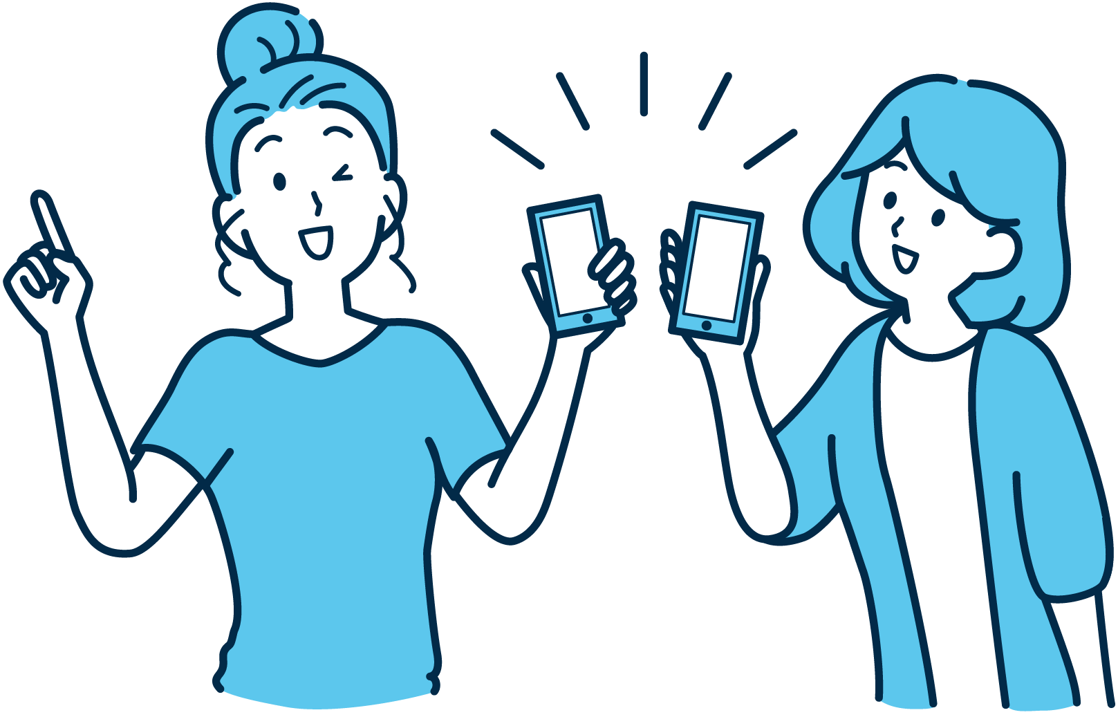 スマホにグッズ買取の査定結果が届いて喜ぶ女性2人