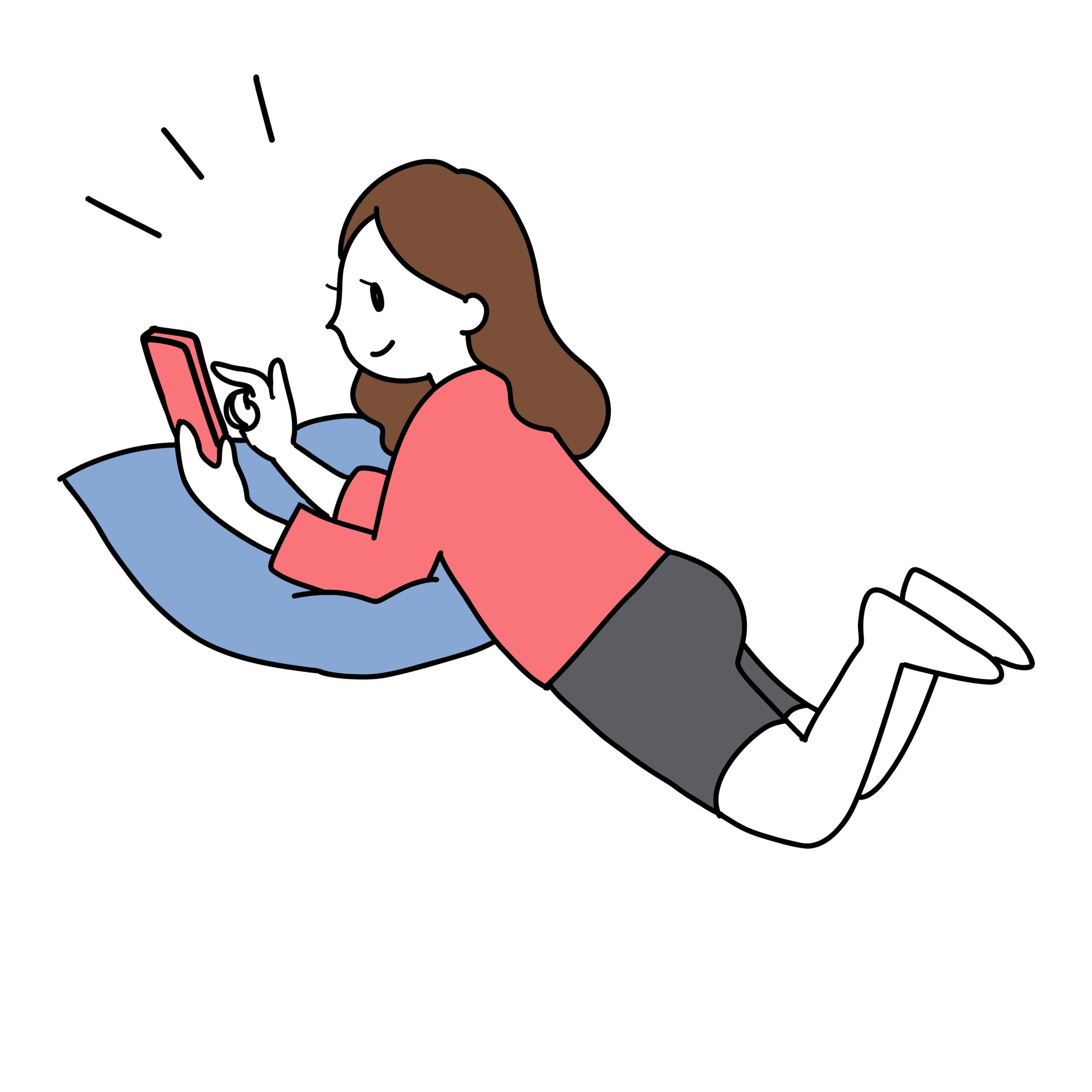 LINEを使って事前査定を申し込む女性がクッションの上に乗ってくつろいでる