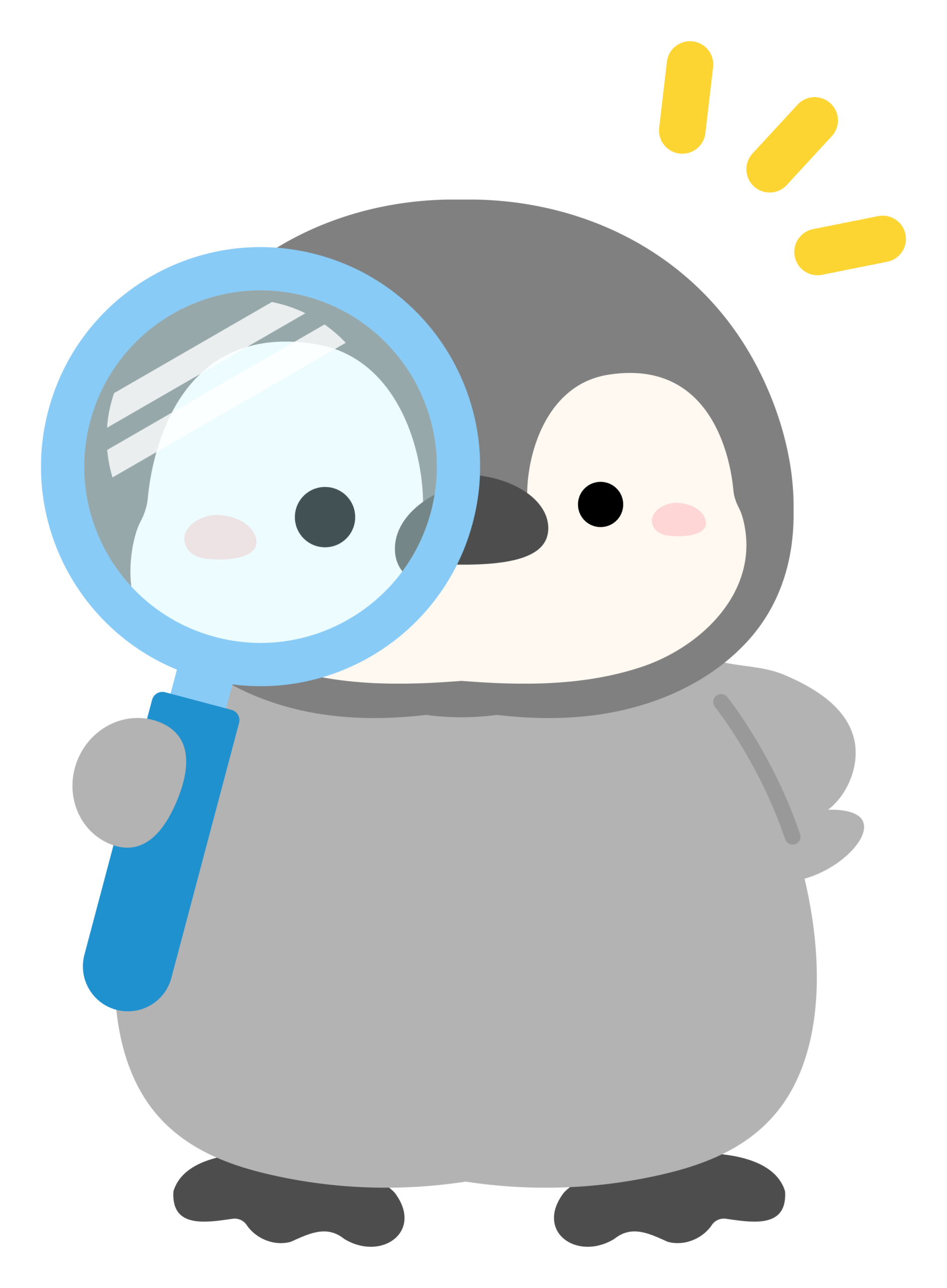 査定のプロである正社員使ってるイメージがある虫眼鏡を持っているペンギン