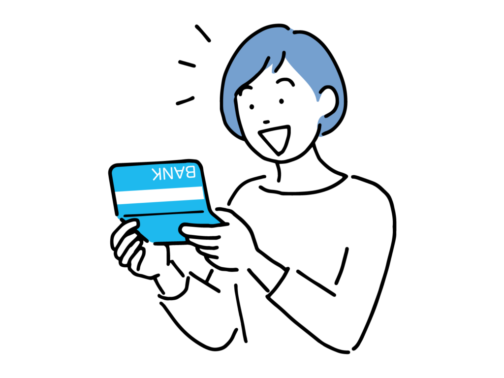 フィギュアが高価に買取されて通帳に買取金額が入金され喜ぶ女性