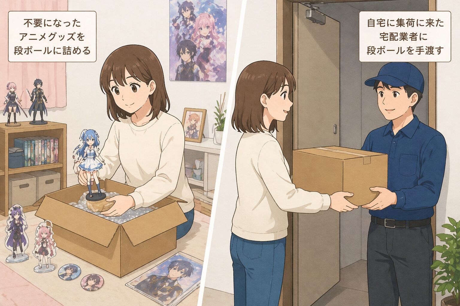 宅配買取店へグッズを売るために段ボールに売りたいアニメグッズを詰めた後、集荷に来た宅配業者に段ボールを手渡す女性