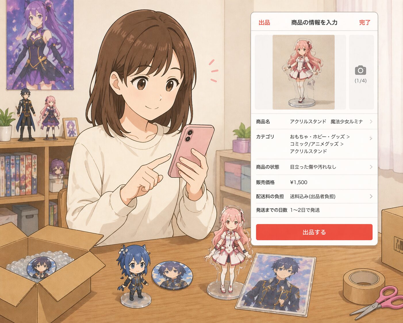 フリマアプリを使って売りたいアニメグッズを出品する女性