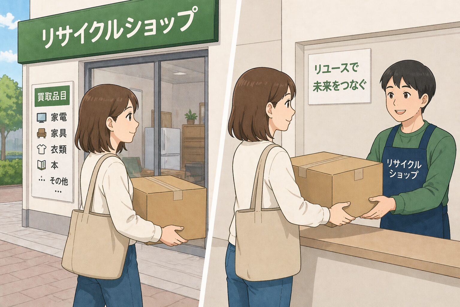 街のリサイクルショップへグッズを売りに行く女性